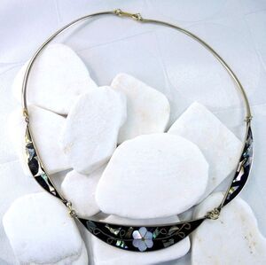 VTG Alpaca Mexico Silver Inlay Abalone MOP Collar Necklace